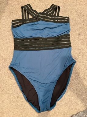 Sleek Blue One-Piece Swimsuit with Black Mesh Waistband